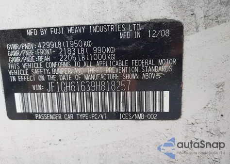 2009 Subaru Impreza 2.5I из США, поврежденный, VIN JF1GH61639H818257